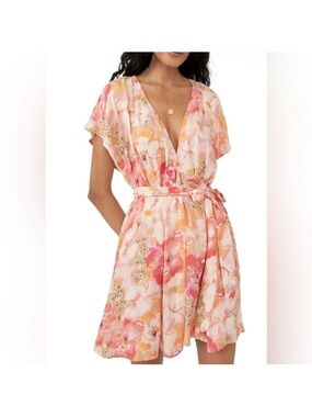 Free People Pink & Coral Floral Satin Wrap dress